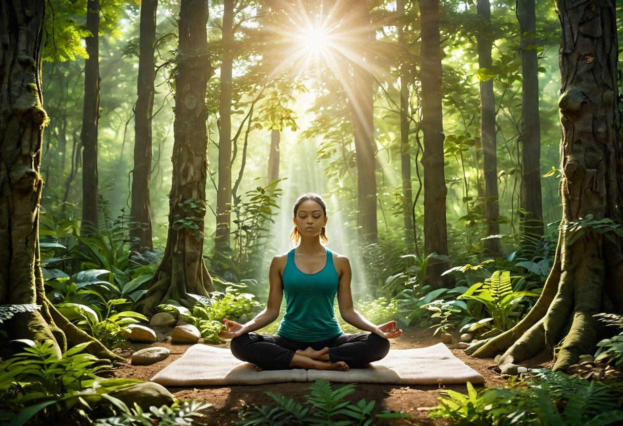 A serene and vibrant scene depicting a person meditating in a lush green forest, with gentle sunlight filtering through the trees. Surrounding the individual are symbols of holistic wellness like essential oils, crystals, and herbal remedies, merging with nature. Integrate a calming aura with soft colors, and include elements representing aspects of survivorship such as resilience and balance. super-realistic. vibrant colors. tranquil atmosphere.
