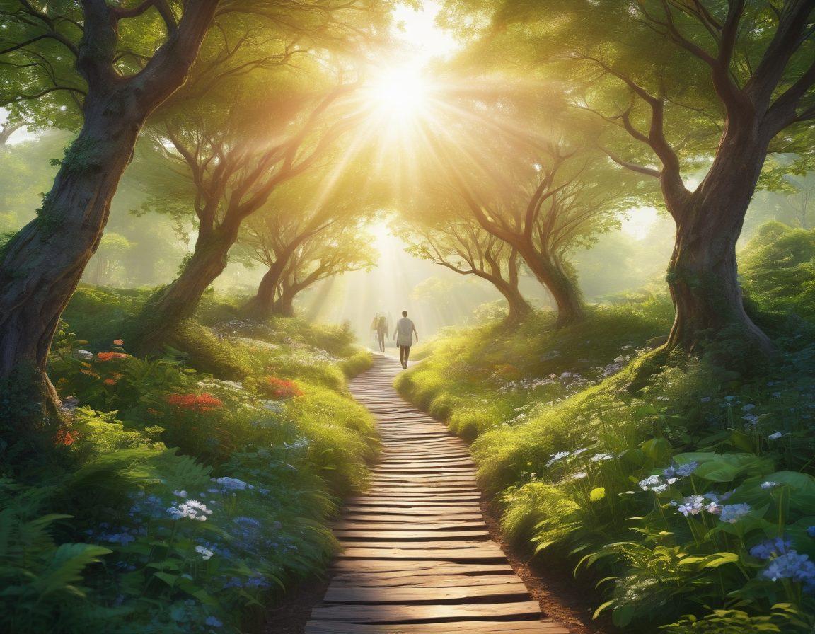 An intricate pathway winding through a serene landscape, symbolizing the journey from diagnosis to healing, flanked by supportive figures holding hands. The path is illuminated by warm sunlight filtering through lush trees, signifying hope and guidance. Include visual elements like medical symbols gently intertwined with nature, to reflect the fusion of treatment and wellness. super-realistic. vibrant colors. peaceful atmosphere.